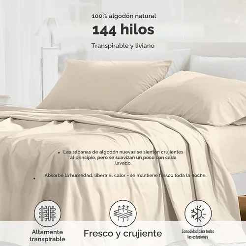 Vista 2 de Comfort Spaces Sábanas 100% algodón tamaño King, transpirables y ultra suaves, sábanas de algodón naturalmente fresco con bolsillo elástico de 14