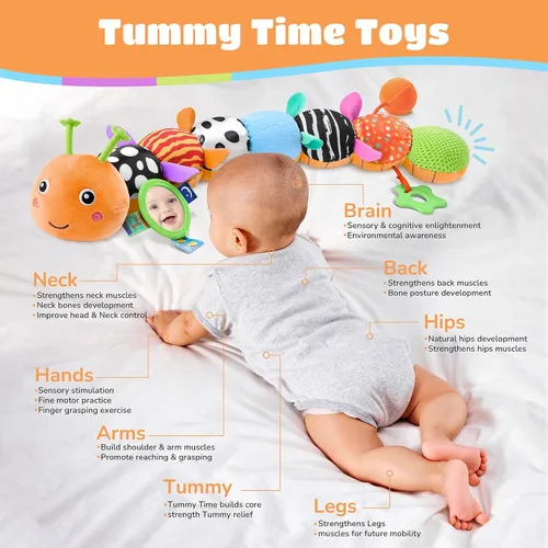 Vista 2 de Awotoy Baby Toys - Juguete musical de oruga interactivo multicolor para bebés, sonajero arrugado, suave con campana de anillo, juguete de peluche