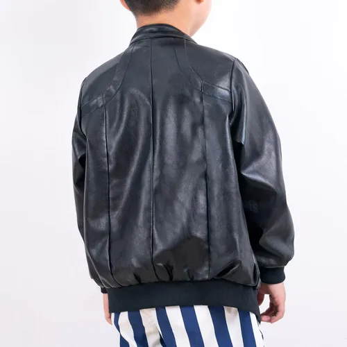 Vista 6 de Elife Chaqueta de moto de primavera de cuero PU con cuello alto para niño