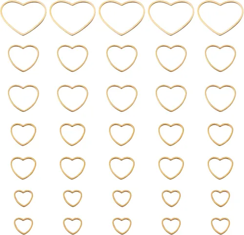 Vista 2 de FASHEWELRY 35 anillos de acero inoxidable con eslabones de corazón, 4 tamaños, diseño de corazón dorado, bisel abierto, conectores para colgar
