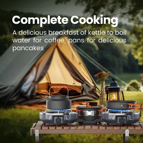 Vista 5 de Cofiyard Kit de estufa de propano de 2 quemadores para acampar con utensilios de cocina, estufa de gas propano plegable al aire libre, estufa