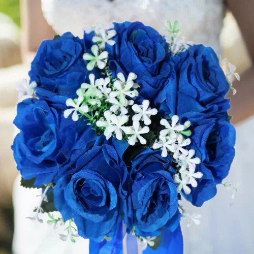 Vista 5 de Ramos de boda para novia, pequeña flor nupcial para dama de honor, rosa artificial azul