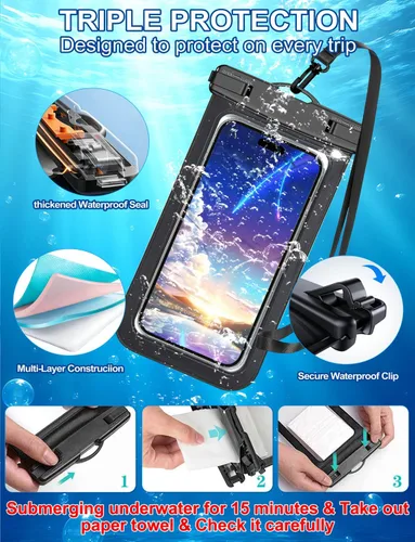 Vista 5 de Bolsa impermeable para teléfono, paquete de 2 fundas impermeables para teléfono blanco y negro, bolsa seca para teléfono celular, nivel