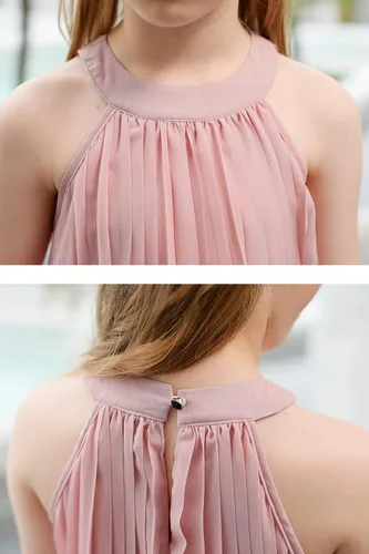 Vista 5 de GORLYA Vestido plisado de gasa con cuello halter y hombros descubiertos para niñas de 4 a 14 años
