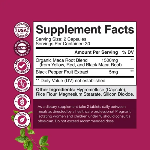 Vista 8 de Cápsulas de raíz de maca para mujeres, potente suplemento herbario con mezcla mejorada femenina de raíz de maca roja, amarilla y negra, certificado