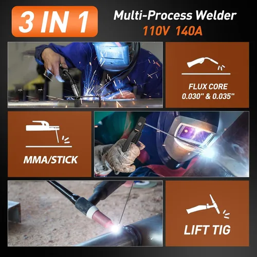 Vista 2 de Soldador MIG 140A, Núcleo de Fundente MIG/Electrodo/Lift TIG 3 en 1 Máquina de Soldadura con Sinergia, Inversor IGBT 110V Soldador Portátil sin Gas