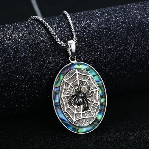 Vista 3 de Collar con colgante de plata de ley 925 de abulón, collar con medallón de zorro, araña, lobo, regalo de joyería para hombres, mujeres y niños
