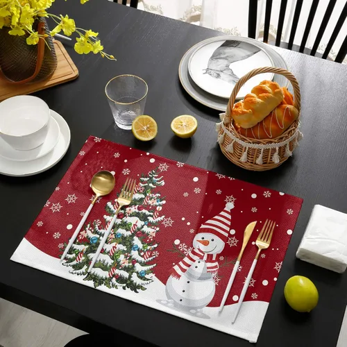 Vista 4 de Juego de 6 manteles individuales de Navidad, muñeco de nieve, copo de nieve, árbol de Navidad, resistentes al calor, para mesa de comedor, lino