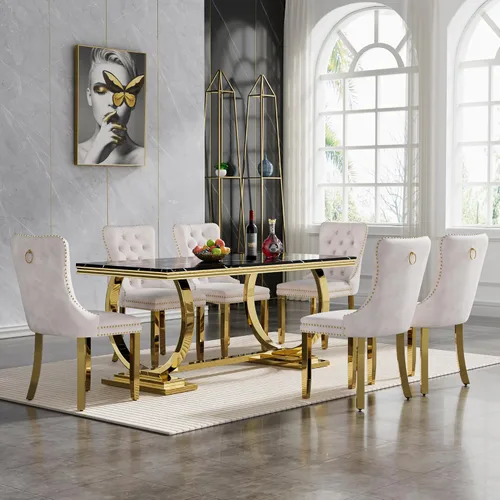 Vista 64 de HomVent Juego de mesa de comedor moderna de mármol sintético para 4 personas, mesa de cocina rectangular con 4 sillas beige (dorado)