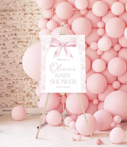 Vista 7 de Letrero de Bienvenida para Baby Shower de Flores Silvestres, Letrero de Baby Shower con Lazo Rosa, Póster de Bienvenida para Baby Shower, Decoración