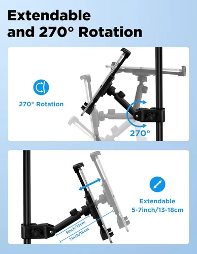 Vista 3 de Soporte para tablet para soporte de micrófono con clip de banco de energía, soporte ajustable para iPad/iPhone para soporte de música, compatible