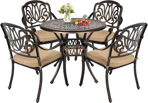 Vista 8 de TITIMO Juego de comedor de 5 piezas de aluminio fundido para patio al aire libre, 4 sillas con patrón y mesa redonda de 35.4 pulgadas, juego de Sin
