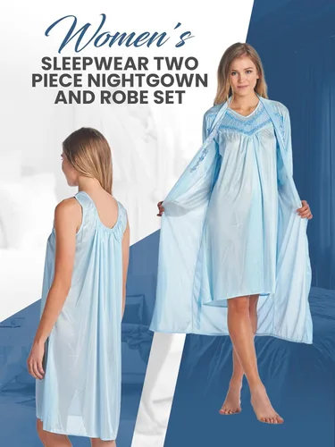 Vista 3 de Casual Nights Conjunto de bata y camisón de satén de 2 piezas para mujer Bordado Azul