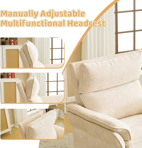 Vista 6 de Sillón reclinable giratorio de gran tamaño con reposacabezas ajustable, mecedora para guardería con reposabrazos sobrerelleno, silla reclinable Beige