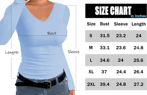 Vista 5 de Afibi Camiseta básica elástica de manga larga acanalada con cuello en V para mujer