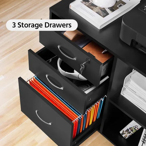 Vista 7 de Topeakmart Archivador negro con cerradura para letra A4, tamaño A4, archivador lateral de 3 cajones, soporte de impresora con compartimentos