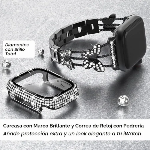 Vista 5 de Correa Bling y Funda WINGLE para Apple Watch para Mujeres 40mm SE 3/2/1 Series 6 5 4, Correa de Brazalete de Metal con Diamantes de Imitación