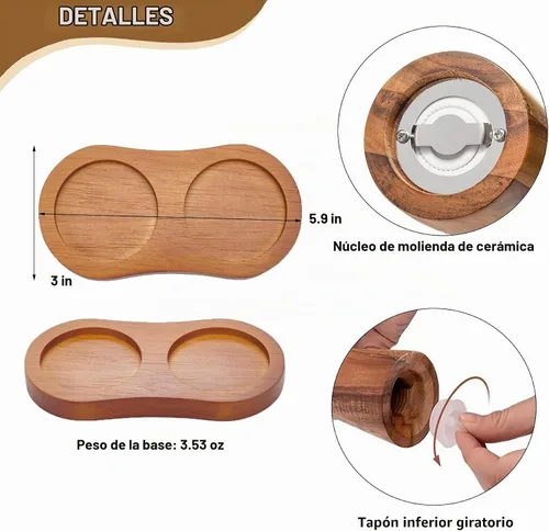 Vista 5 de Juego de molinillo de pimienta, salero, madera de acacia, molinillo de pimienta con base de 7.5 pulgadas