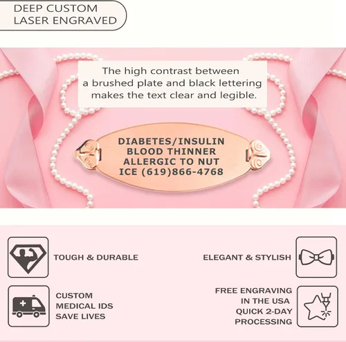 Vista 2 de Divoti Lily Pearl - Pulsera de alerta médica con grabado gratuito y etiqueta de ala de ángel estilo y tamaño acero inoxidable Rose gold 13155RGWH-75