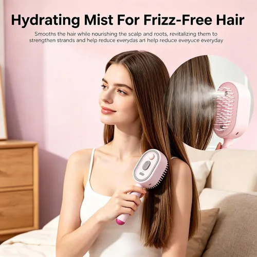 Vista 6 de Electric Steam Brush, Rechargeable Detangling Straightener (Pink)