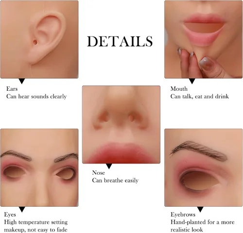 Vista 4 de MOTLEYBEAN Máscara de silicona realista máscara femenina belleza cara con cuello para Halloween Crossdresser Cosplay