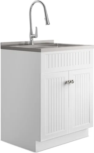 Vista 12 de SIMPLIHOME Beckham - Lavabo y armario de lavandería todo en uno de 24 pulgadas de ancho en acabado blanco puro, gabinete de fregadero de acero