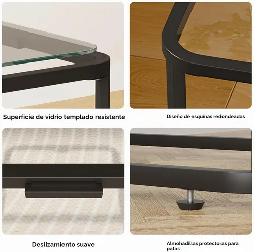 Vista 5 de Garden 4 you Mesa auxiliar de cristal, mesa auxiliar rectangular con marco de metal, moderna mesita de noche para oficina, dormitorio, sala de Negro