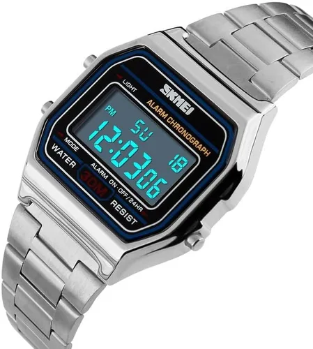 Vista 3 de Reloj digital para hombre, banda de acero inoxidable, resistente al agua, electrónico, cuadrado, LED, luz trasera, reloj de pulsera