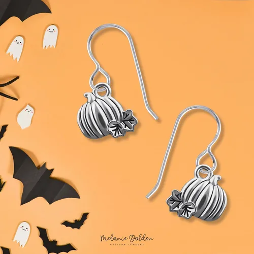 Vista 2 de Halloween Dangle Earrings Seasonal Festive Holiday Earrings Sterling Silver Fall Autumn Drop Earrings Multiple Designs Available (Pumpkin)