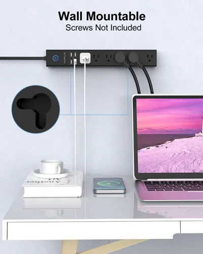 Vista 6 de Paquete de 2 cables de extensión de 6 pies de largo con protección contra sobretensiones de enchufe plano 6 Outlets 4 USB Ports, Power Strips with