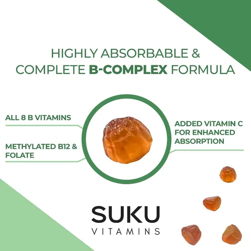 Vista 6 de SUKU - Gomitas de complejo de vitamina B con vitamina C – Suplemento de gomitas de complejo vegano de 8 vitaminas B sin azúcar aumenta el desarrollo