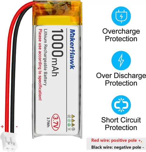 Vista 3 de MakerHawk Paquete de 4 baterías LiPo de 3.7 V 1000 mAh recargables 1S 102050 baterías de polímero de litio con placa de protección dual, conector