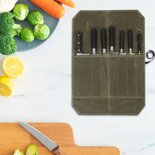 Vista 6 de Rollo de cuchillo, bolsa de rollo de cuchillo de chef, estuche de lona encerada para cuchillos con 7 ranuras, envoltura portátil para cuchillos