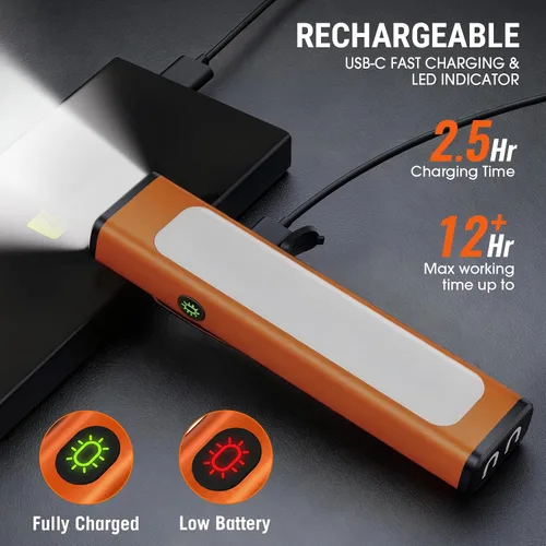 Vista 6 de Linterna plana EDC recargable, 1200 lúmenes USB-C (naranja, 1 unidad) Linterna de bolsillo con clip, 9 modos de luz magnética impermeable pequeña