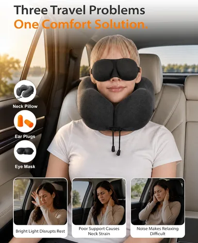 Vista 3 de MLVOC Almohada de viaje 100% espuma viscoelástica pura para el cuello, cubierta cómoda y transpirable, lavable a máquina, kit de viaje para avión