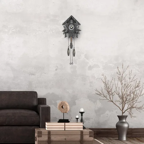Vista 6 de TIMEGEAR Reloj de cuco con modo nocturno, pájaro cantante, decoraciones de madera y péndulo oscilante