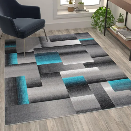 Vista 14 de Flash Furniture Elio Collection - Alfombra de área con patrón de bloques de color, alfombra de olefina azul de pelo alto, alfombra de área de 2 x 3