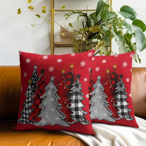 Vista 7 de Funda de almohada de Navidad 40.6 x 40.6 cm Árbol de Navidad rojo Funda de almohada de invierno Copo de nieve decorativo Juego de 2 fundas
