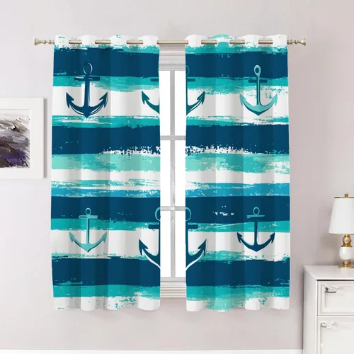 Vista 125 de Maritime Ocean Blackout Tier Curtains, Anchors Nautical Art Half Window Drapes for Kitchen with Rod Pocket,Room Darkening 2 Pack 26X24 Inches
