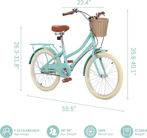 Vista 2 de Bicicleta para niñas con canasta, bicicleta de crucero retro de 20 pulgadas para niños de 7 a 13 años, bicicleta para niños grandes con guardabarros