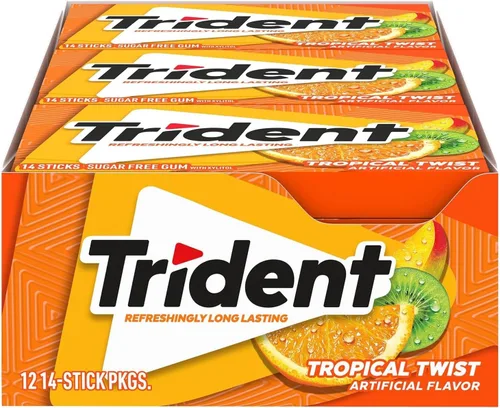 Vista 11 de 12 paquetes de 14 unidades cada uno; es decir, en total son 168 unidades de goma de mascar Trident Bubblegum sin azúcar sabor chicle. Accesorios