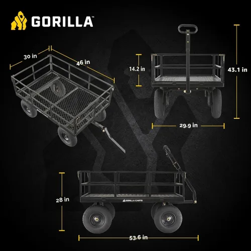 Vista 3 de Carro utilitario Gorilla Carts resistente de acero con lados desmontables y neumáticos de 13 pulgadas con capacidad de 1200 lb, Negro