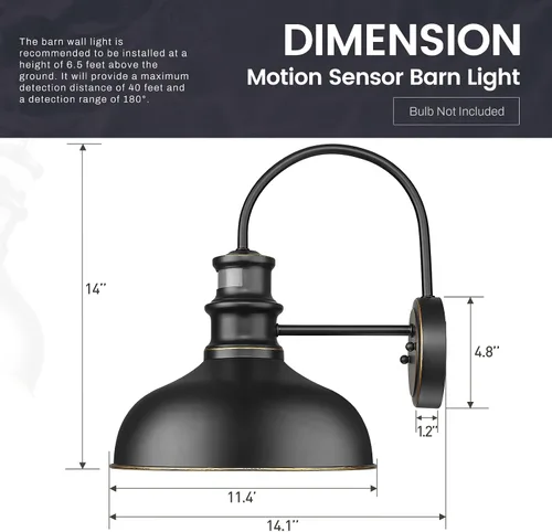 Vista 2 de zeyu 02A390-SE ROB - Lámpara de porche negra de 11 pulgadas, luz exterior de granero para garaje, patio, sensor de movimiento, luz de granero al