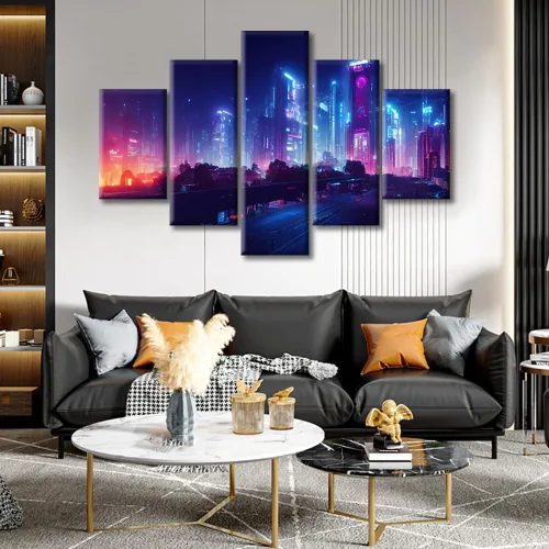 Vista 249 de Cuadros de 5 paneles de Cyberpunk City, arte de pared, representación de vallas publicitarias, edificios modernos en la capital con obras de arte