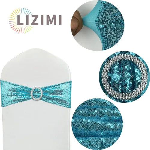 Vista 3 de Bandas para Sillas con Lentejuelas Elásticas Lazos de Spandex Poliéster para Fiestas Hotel Bodas Banquetes Decoración - 6 Piezas Aqua