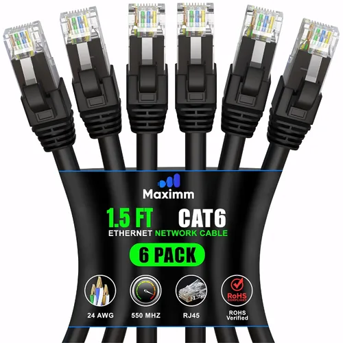 Vista 47 de Maximm Cable Ethernet Cat 6 de 0.6 pies (paquete de 6) – Cable LAN de alta velocidad, cable de Internet, cable de conexión y cable de red – UTP