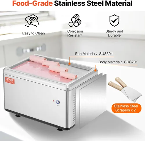 Vista 4 de VEVOR Máquina de helado frito, 12.6" x 8.5", 120 W, máquina para hacer rollos de helado salteado con compresor y 2 raspadores, para hacer rollos