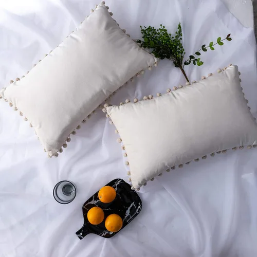 Vista 10 de Juego de 2 fundas para cojines decorativos de terciopelo sólido suave con borde de pompones