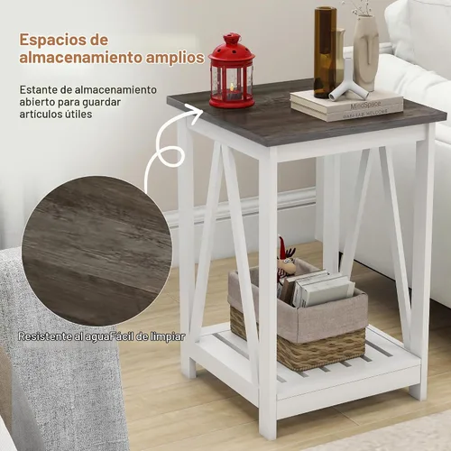 Vista 4 de Mesa auxiliar cuadrada de granja, mesa auxiliar con diseño de listones, mesa auxiliar de sofá con marco resistente para sala de estar, gris oscuro