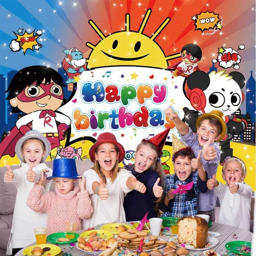 Vista 4 de Ryans World - Fondo de fondo para fiestas de niños fondo rojo para decoración de fiesta de cumpleaños 7 x 5 pies